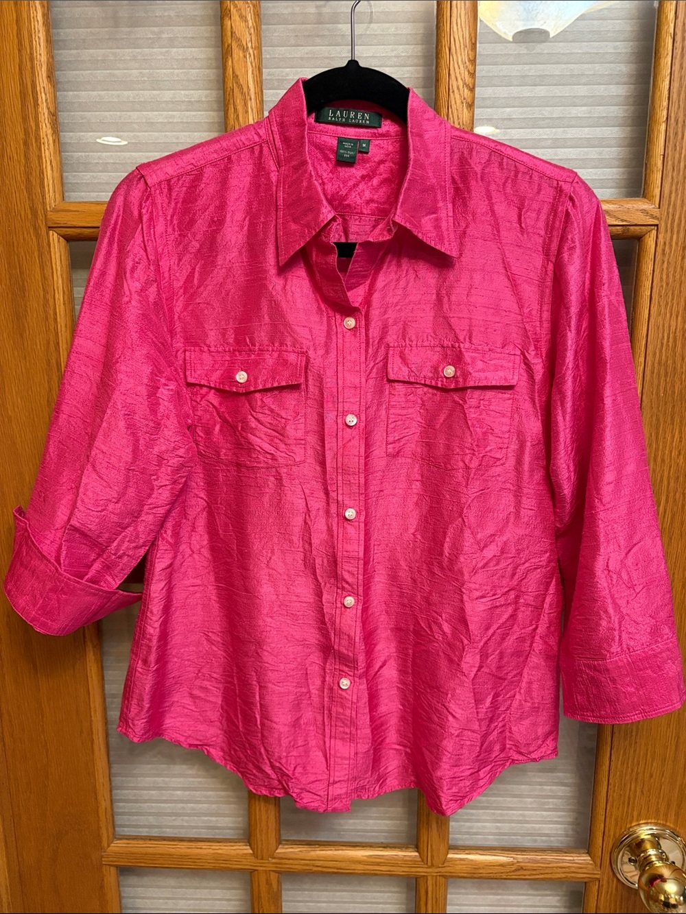 EUC Lauren Ralph Lauren Silk Bright Pink Button-Front Shirt 3/4 sleeves